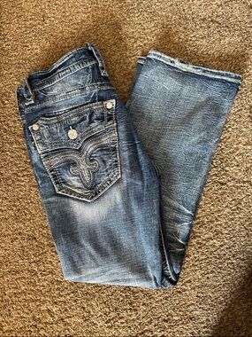 Rock Revival Blue Denim Jeans - Distressed Medium Wash Sunburst Slim Bootcut